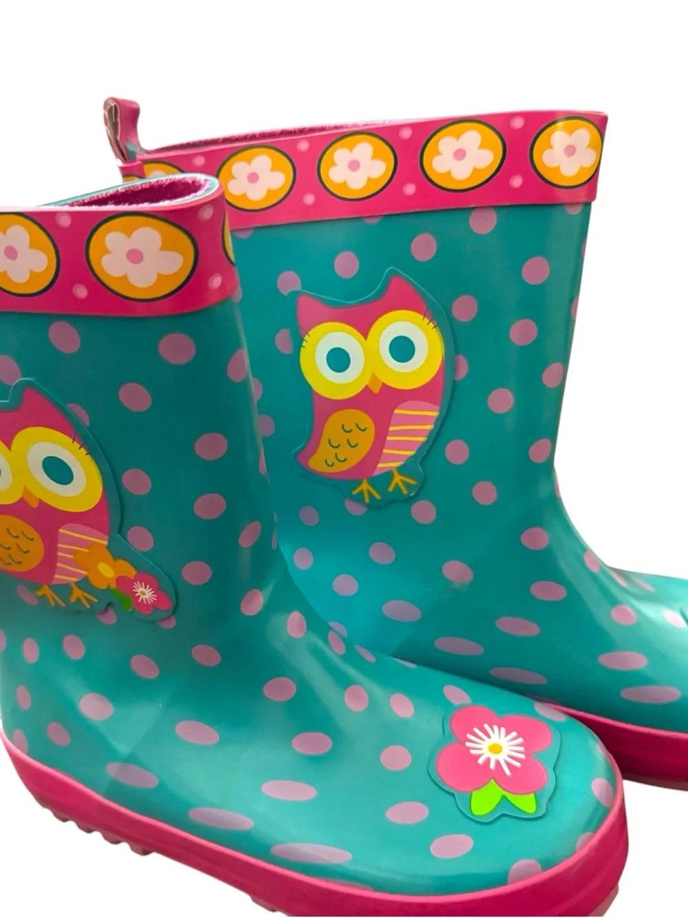Stephen Joseph Kids Teal Pink Polka Dot Rain Boots with Owl Flowers Childs 12